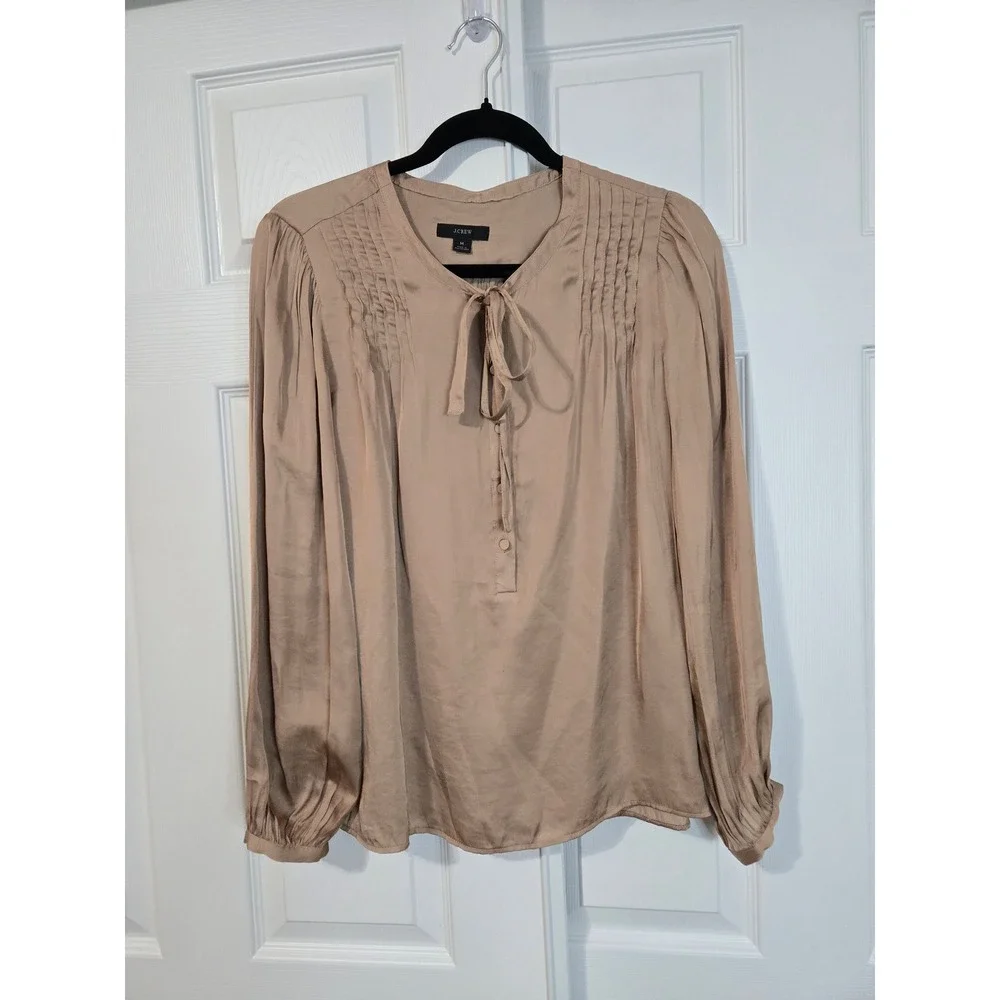 J.Crew Womens Pintuck Tie Neck Blouse Champagne Tan Long Sleeve Top Size M